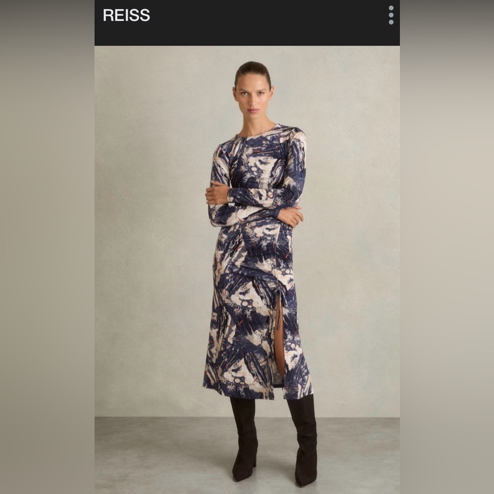 Reiss Artistic Blue and Cream Long Sleeve Dress Sz MNew with tags